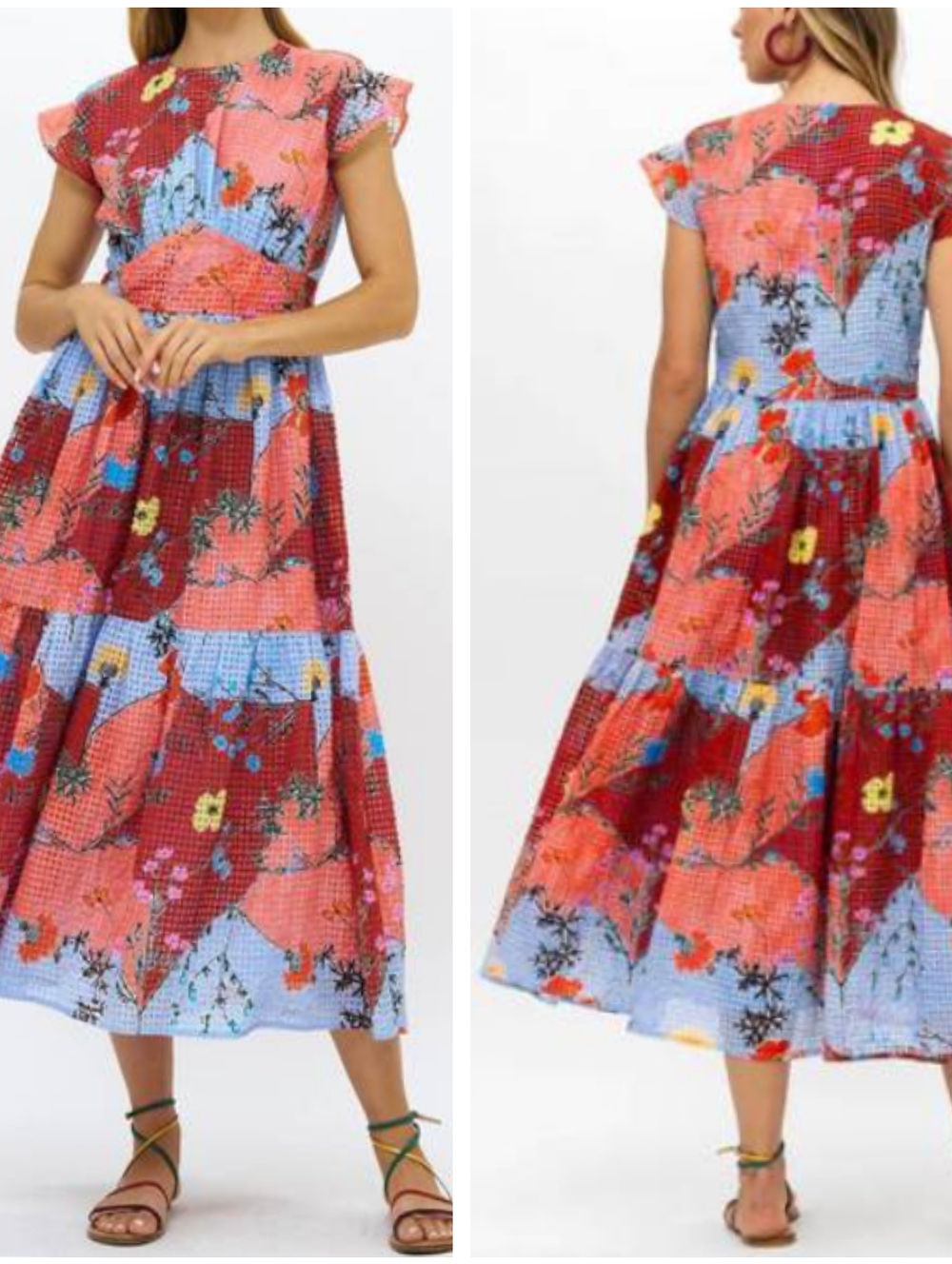 Oliphant Stockholm Floral Patchwork Flowy Midi Dress Sienna Color Size S